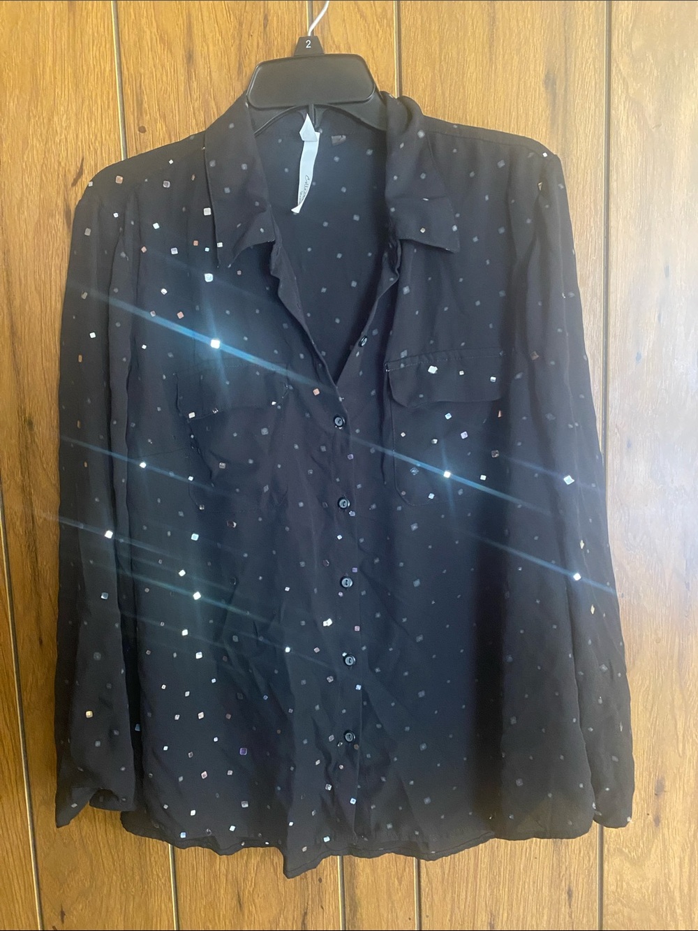 NY Collection Black Button-Down Blouse with Metallic Dot Accents